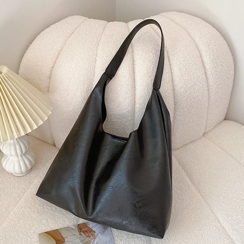 Lightweight PU Soft Leather Tote Bag Large Capacity Women Big Shoulder Bag Underarm Bag Hasp Closure Casual Style Commuting Bag